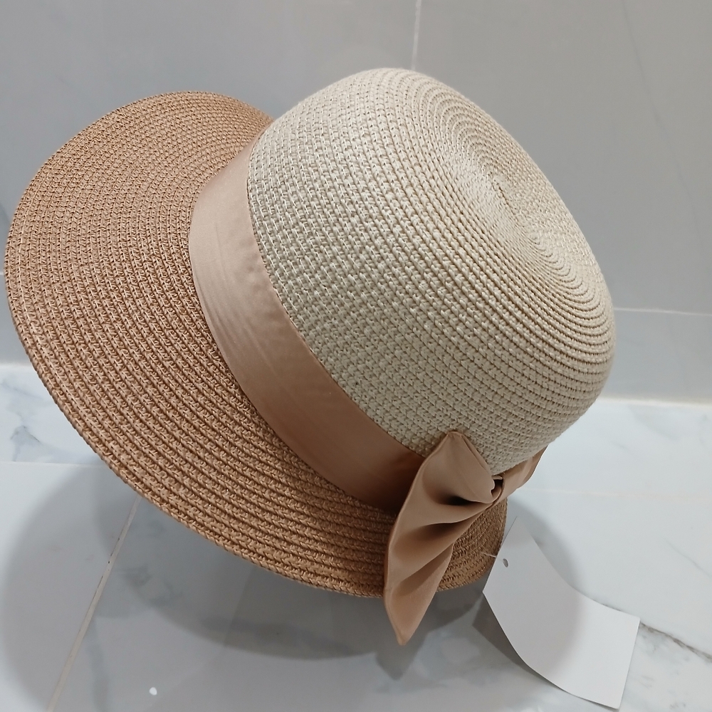 Sun Hat  Cloche Vintage Inspired Band & Large Bow Cream Tan NEW
